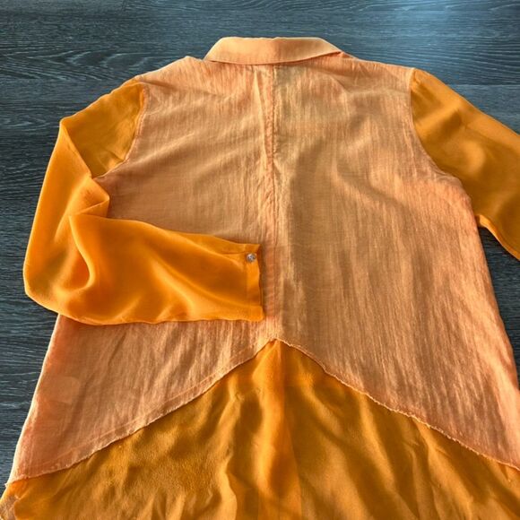 GUC Bailey 44 Cotton Silk High-Low Blouse Orange Sz S Sheer Sleeve Collared Top - Picture 9 of 15